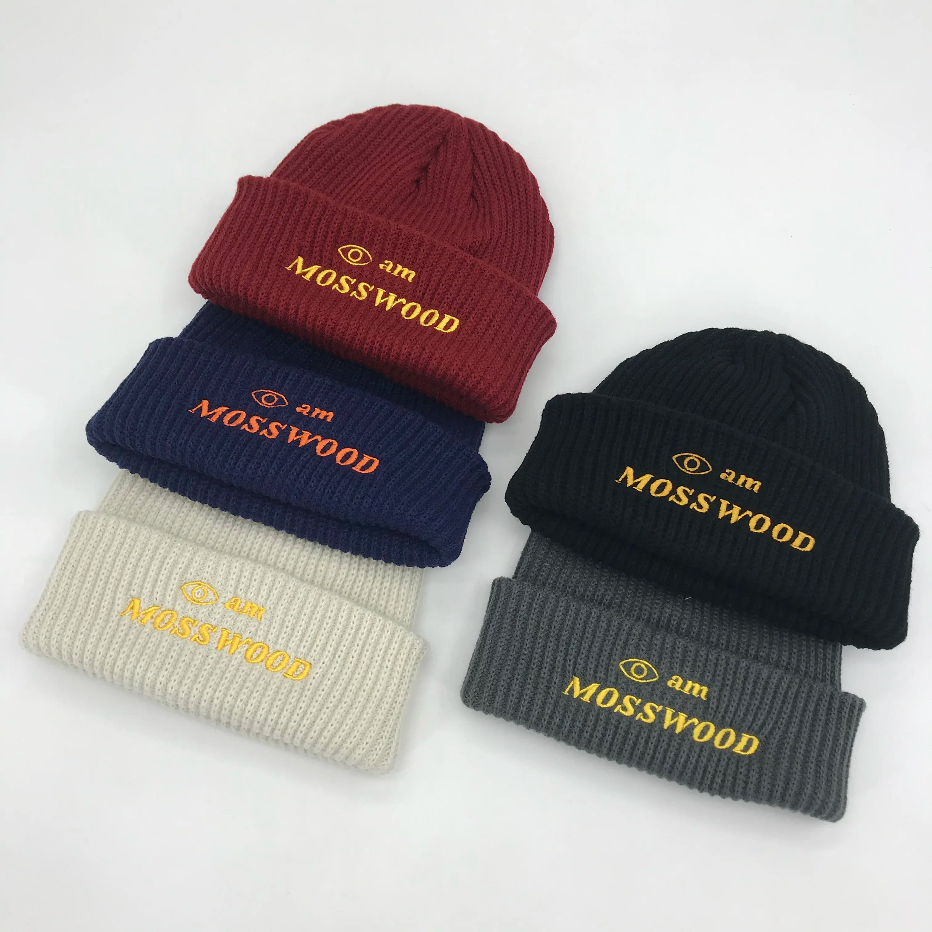 Wholesale Outdoor Winter Knitted Cuff Daily Caps Custom Embroidered Logo Beanies Cuffed Hats for Women Men