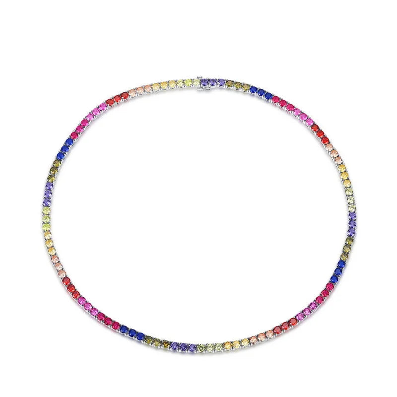 4mm Round rainbow Colored Zirconia 925 Sterling Silver Tennis Chain Necklace Fine Jewelry