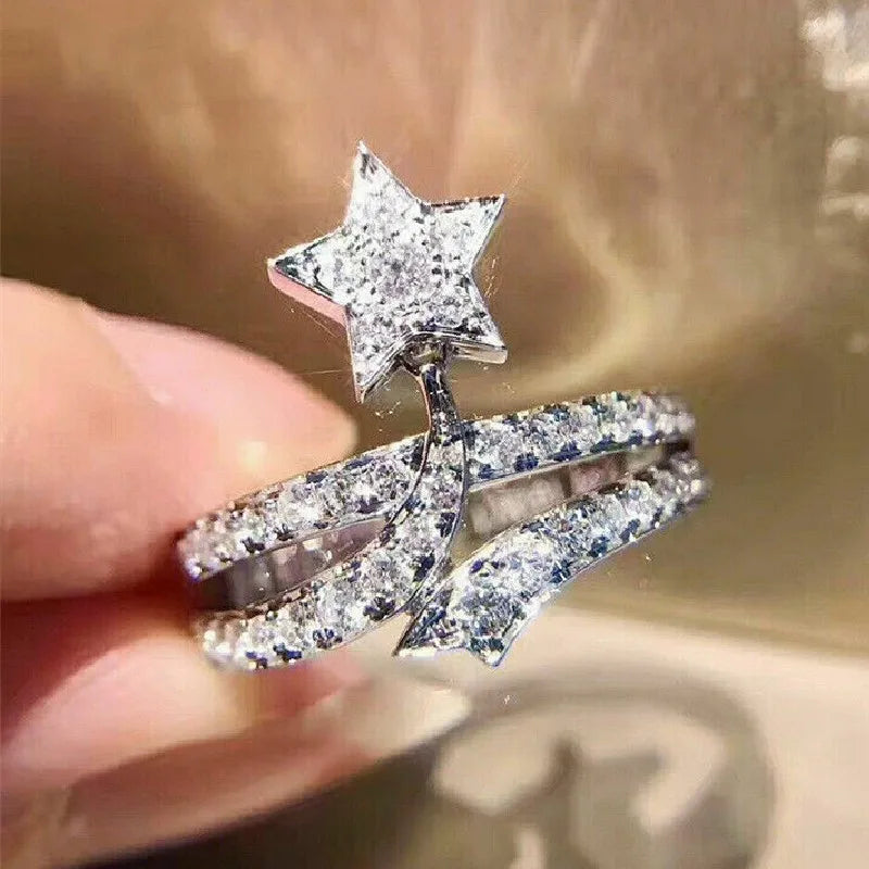 CAOSHI Best Selling 925 Silver Plated Finger Rings for Women Shiny Micro Pave Zircon Fashion Star Shaped Wedding Jewelry