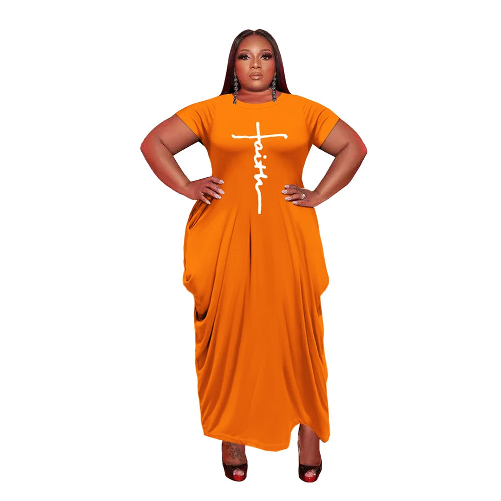 Short Sleeve S-5XL Plus Size Women's Maxi Dresses Solid Cascading Ruffles Plain Dyed Natural Waist Washable Breathable