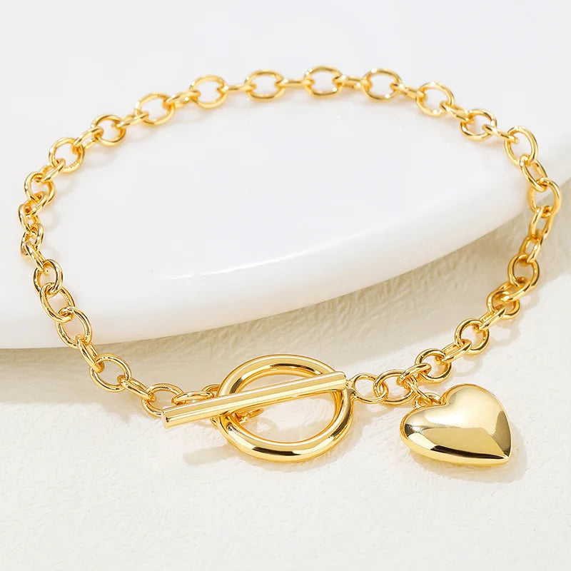 Fashion Minimalist Chunky Heart Bracelet Brass Love Heart Charm Bracelet for Women
