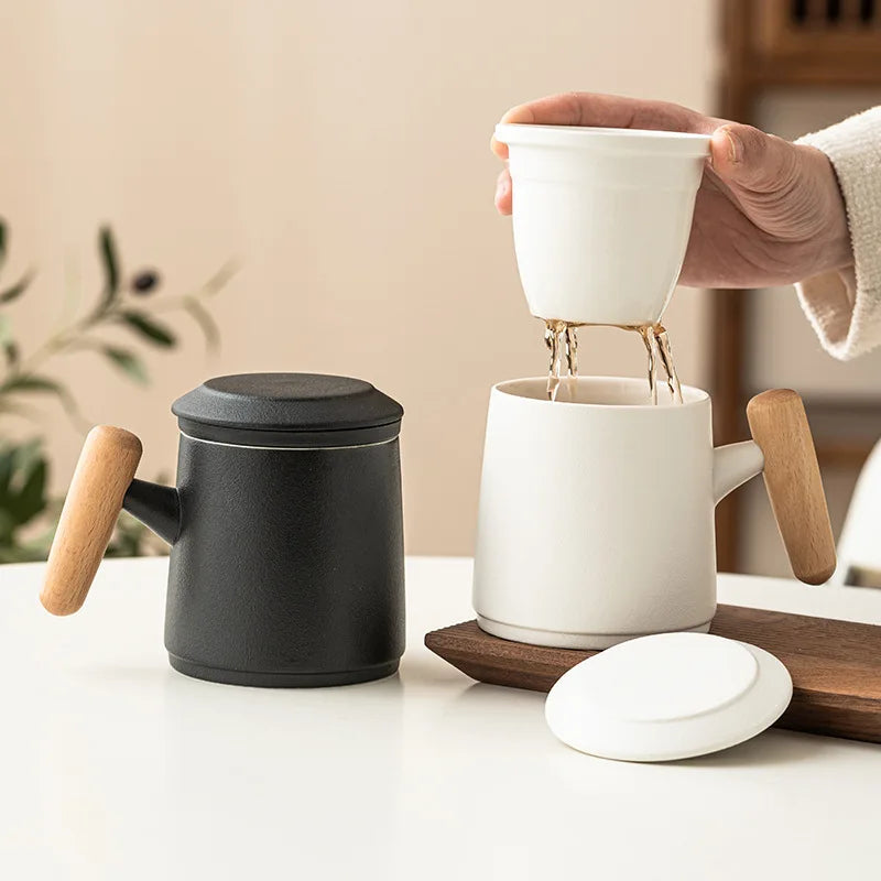 Wholesale Ceramic  Mug Tea Cup Contains Filter Wooden Handle