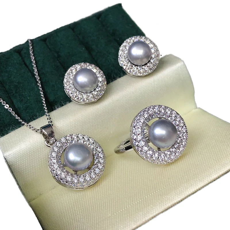 18k Gold-plated Zircon Micro-inlaid Sunflower Set 9-10MM Freshwater Pearl Necklace Ring Earring Set Pearl Jewelry Set