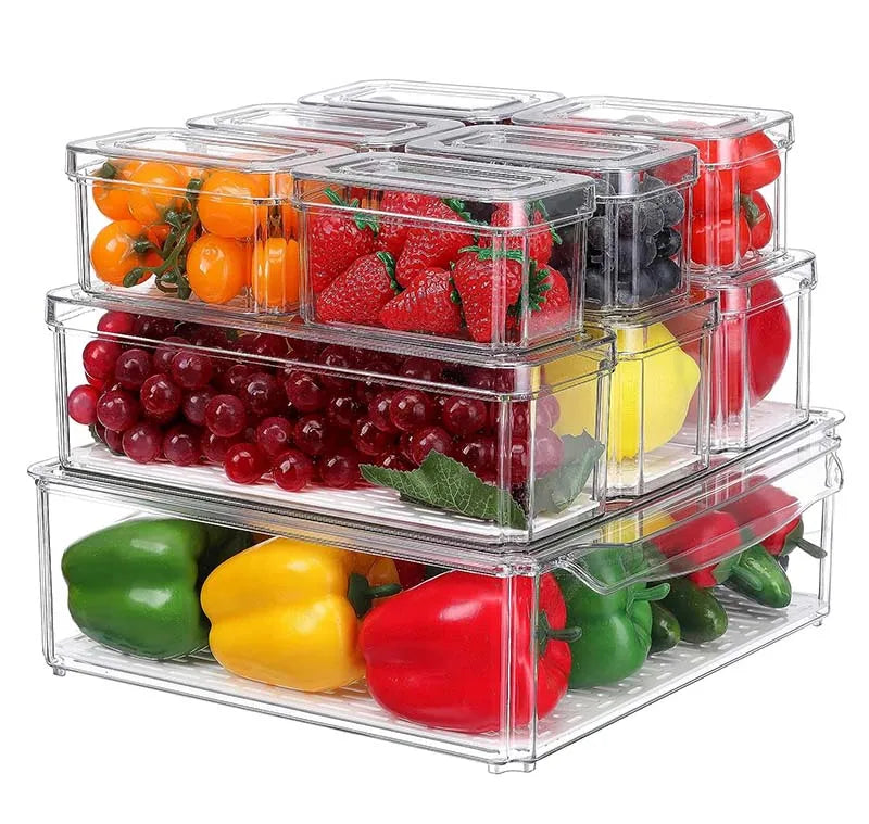 AMZ Bestselling Upgraded 10 Pack Plastic Fridge Organizer Bins Stackable with Lids and Drain Tray