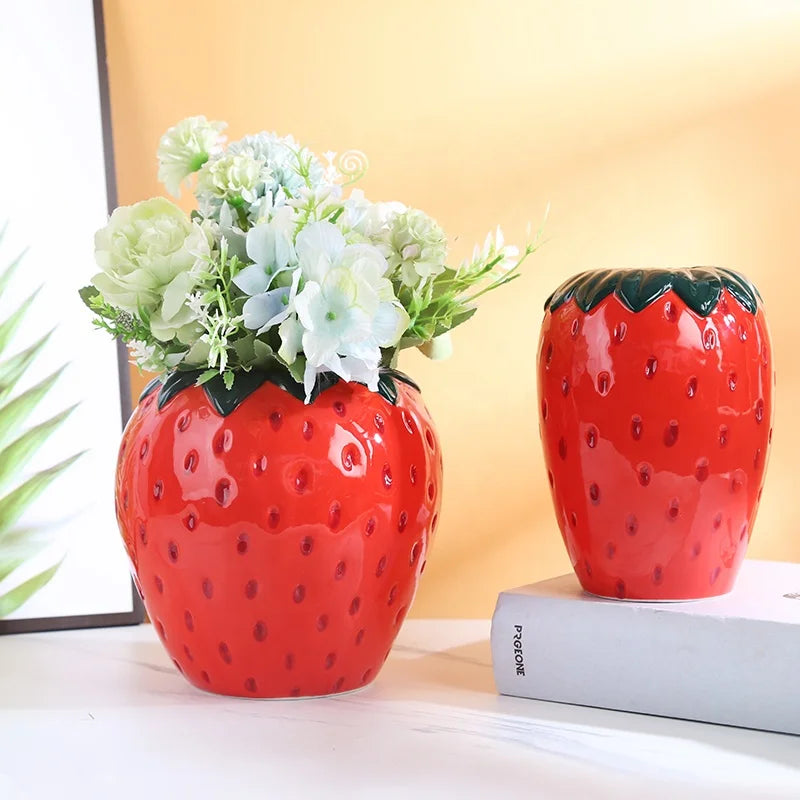 Wholesale Custom Red Strawberry Ceramic Vase Set Modern Art Sculpture for Wedding Home Decor Desktop Plant Pot Gift Ornament