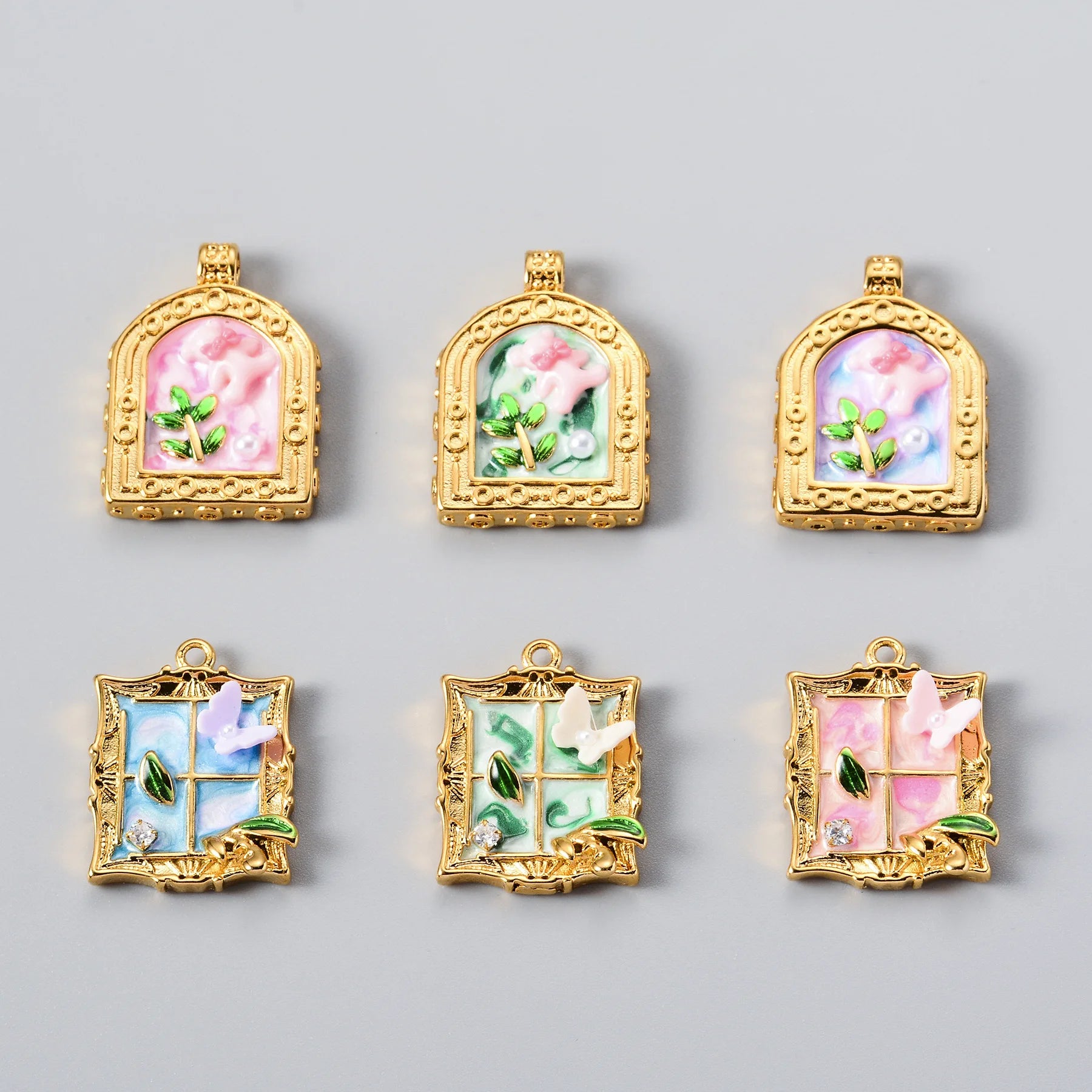 French Arts Oil Painting Flower Butterfly Charm Dainty Enamel Flower Stainless Steel Pendants for Necklace Bracelet Jewelry DIY