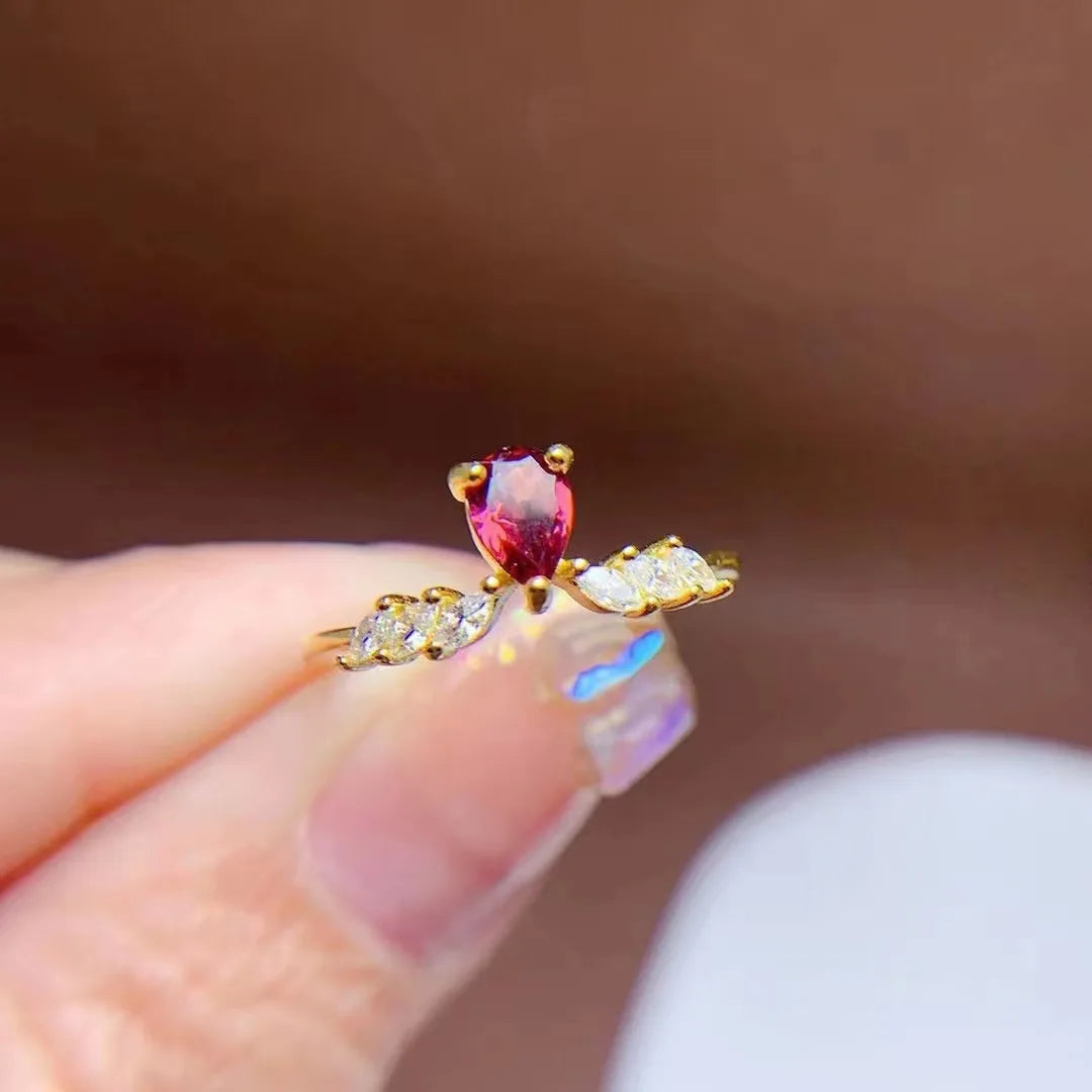 925 Sterling Silver 18k Gold Plated Classic Pear Cut Natural Garnet & Cubic Zirconia Couple Wedding Rings Set