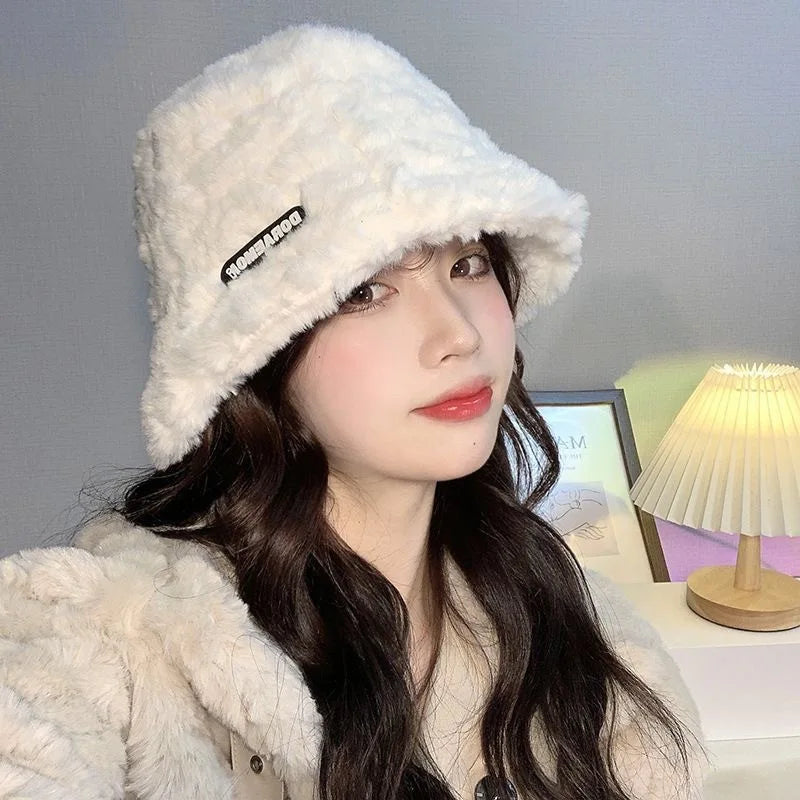 White Plush Fisherman Hat for Women Autumn Winter Korean Version INS Show Face Small Bucket Hat Winter Plush Hat