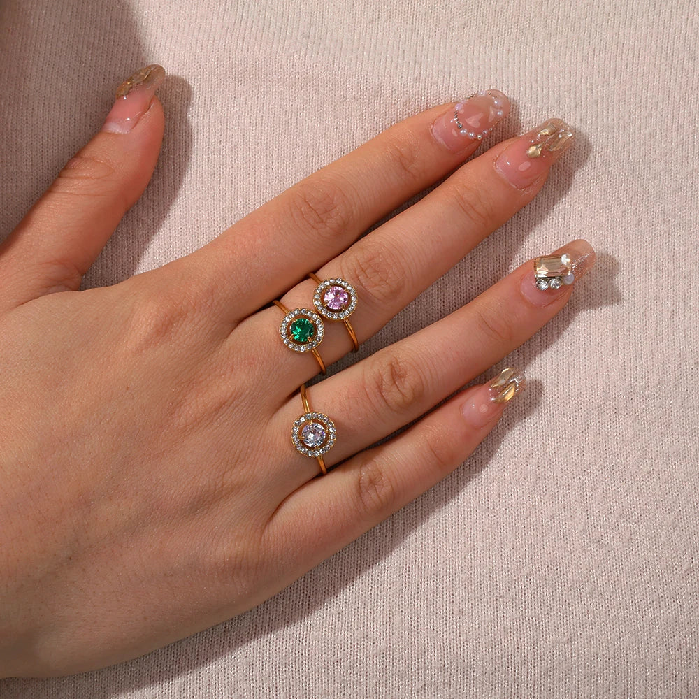 Factory Wholesale 18k Gold Plated Cubic Zirconia Round Shaped Rings Multi-Color Zircon Inlaid Open Adjust Stainless Steel Rings