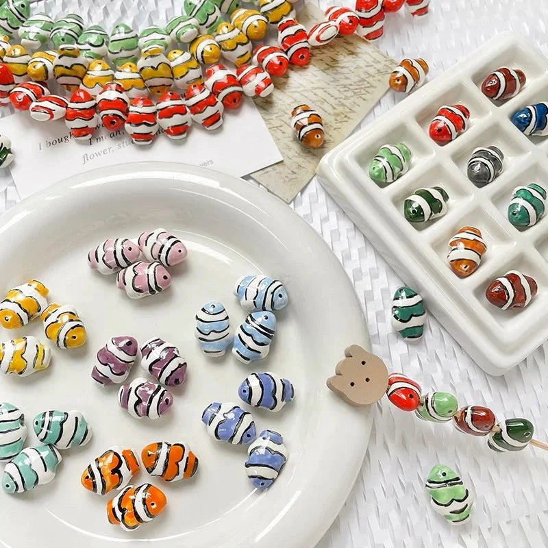 Cute 13*18mm Colorful  Ceramics Porcelain Beads Handmade Graffiti Strip Pattern Fish Loose Beads DIY Jewelry Findings