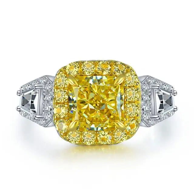 925 Sterling Silver Square Zircon Engagement Rings 3.8 Ct Fancy Light Yellow Diamond Ring