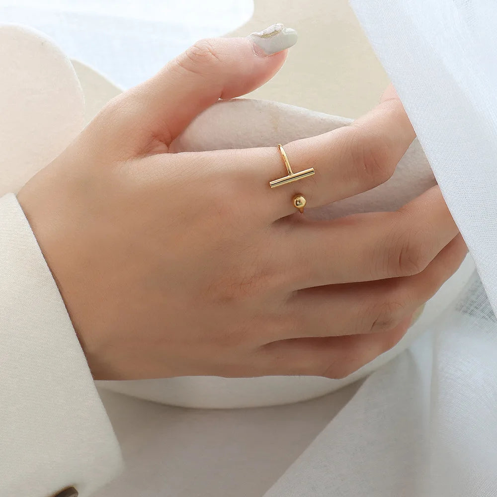 Japanese and Korean Ins Style Simple Opening T Shape Titanium Steel 18K Gold Plating Index Finger Ring Couple Rings Waterproof