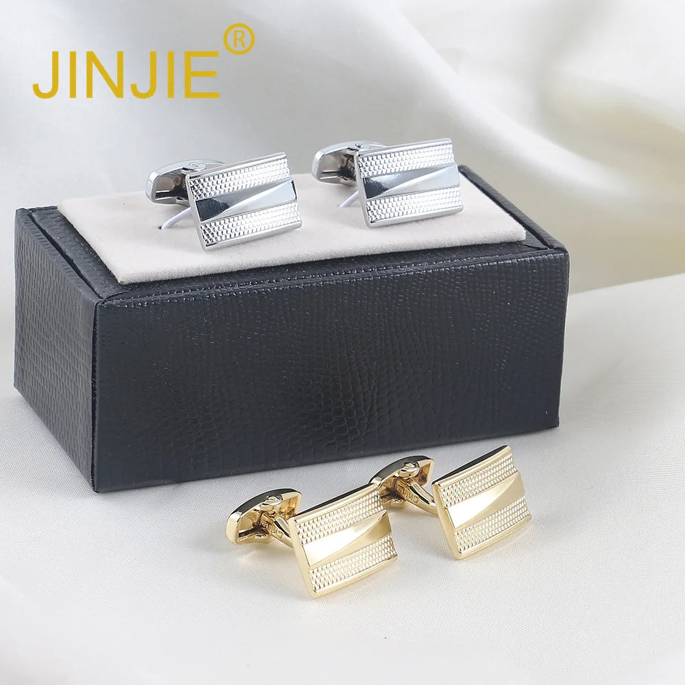 JINJIE Luxury French Rectangular Gold and Silver Plated Stripe Brass Suit Shirt Cufflinks for Men