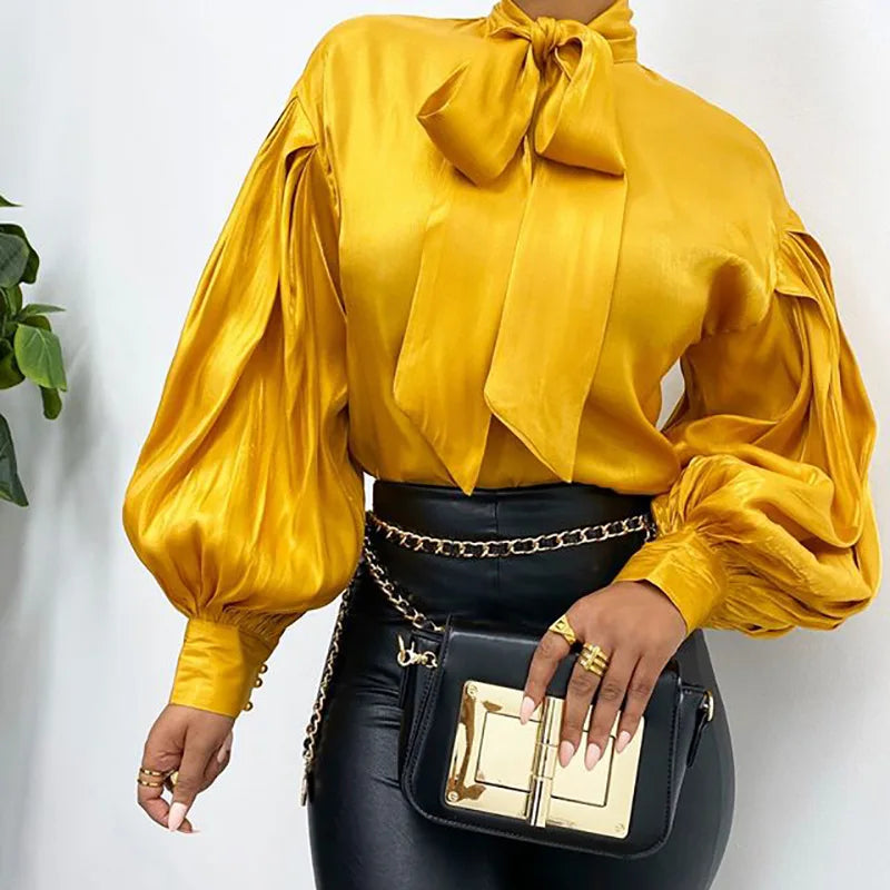 Yellow Standard Long Sleeve Blouse Lantern Sleeve Summer Spring New Lady Elegant Women Tops Blouse Shirts Female Fashion