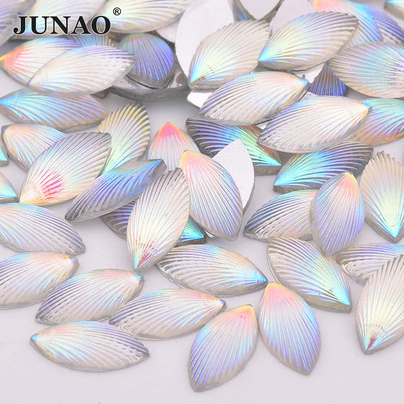 JUNAO Top Quality 7x15mm Horse Eye Glitter Shell Crystal AB Strass Flatback Resin Rhinestone Applique for Dress