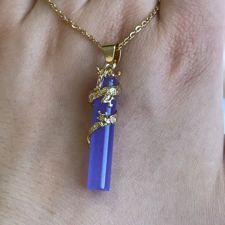 Lavender Green Jade Pendant Dragon Jewelry Cylinder Circle Shape 18K Gold Plated Chinese Dragon Necklace Wholesale