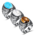SC Retro Gothic Totem Stainless Steel Rings Jewelry 16mm Chunky Dome Rings High End Business Men Tiger Eye Stone Turquoise Rings