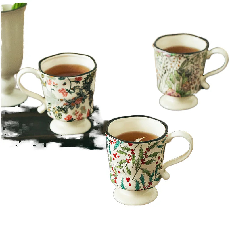 M Ins Nordic Retro Korean Design Flower and Bird Ceramic Milk Mug Business Gift Breakfast Latte Cup