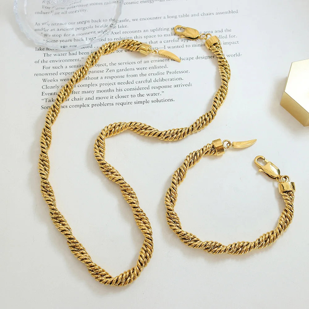 Newest Jewelry Set Double Twist Rope Bracelet Necklace 18k Gold Stainless Steel Chunky Twisted Singapore Chain Necklace