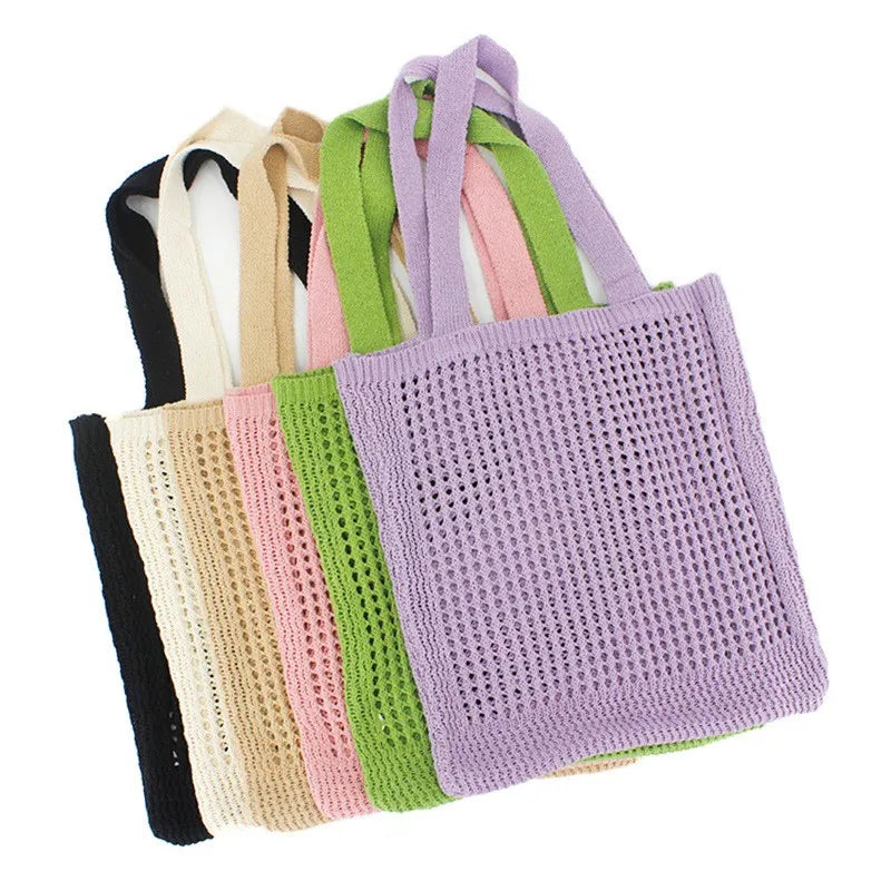 Women Custom Hollow Out Fashion Knitted  Tote Shoulder Bag Cute Tote Bags Knitted Beach Shoulder Bag