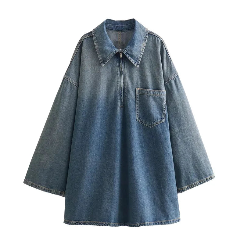 Fashion Women's Spring Autumn and Winter New Fashion Loose A-Line Skirt Commuting Casual Lapel Denim Dress