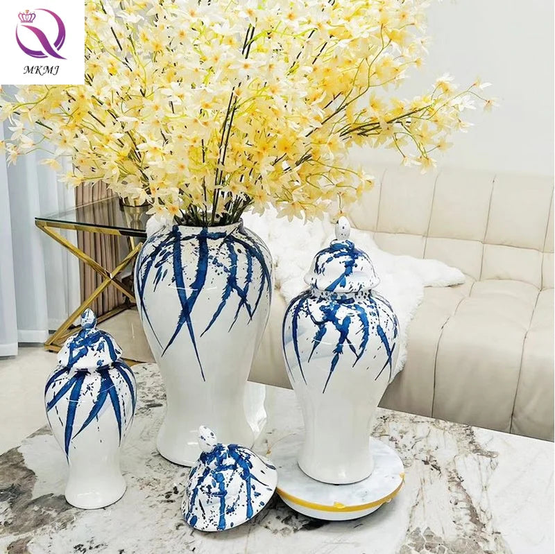 Hand-painted Landscape Splashed Ink Pattern Ginger Jars With Lid Retro Blue and White Ceramic Flower Vase for Art Home Decor