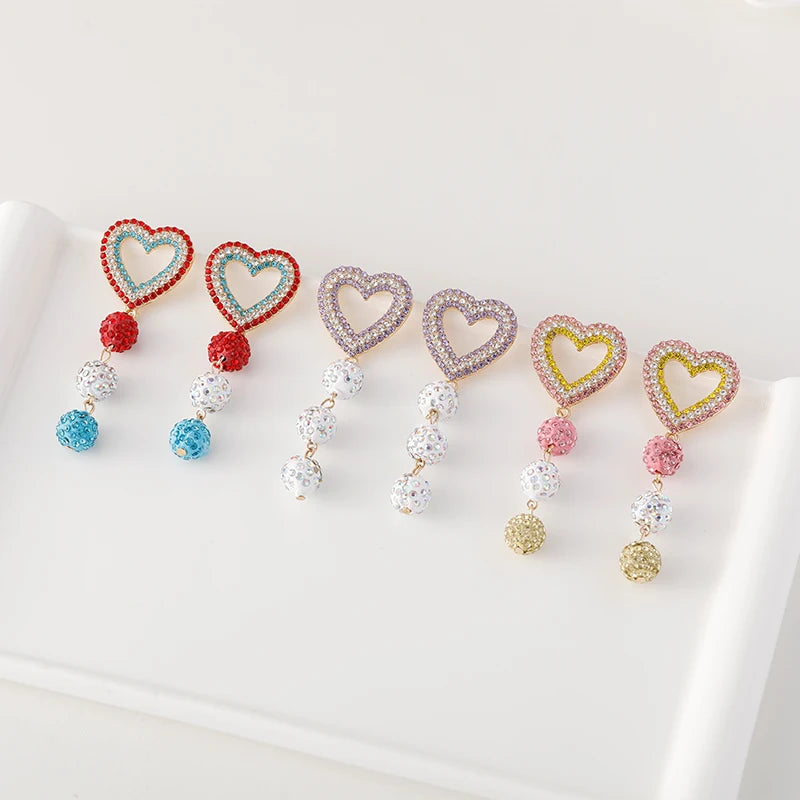 Cute Diamond Round Ball Heart Earrings Jewelry Long Colorful Rhinestone Heart Dangle Earrings
