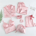 Women Lady Satin Sleepwear Women's Home Suit Seven Piece Set Ice Silk Long Sleeved Solid Color Sleepwear Set Suits