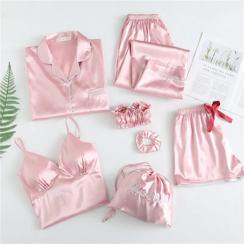 Women Lady Satin Sleepwear Women's Home Suit Seven Piece Set Ice Silk Long Sleeved Solid Color Sleepwear Set Suits