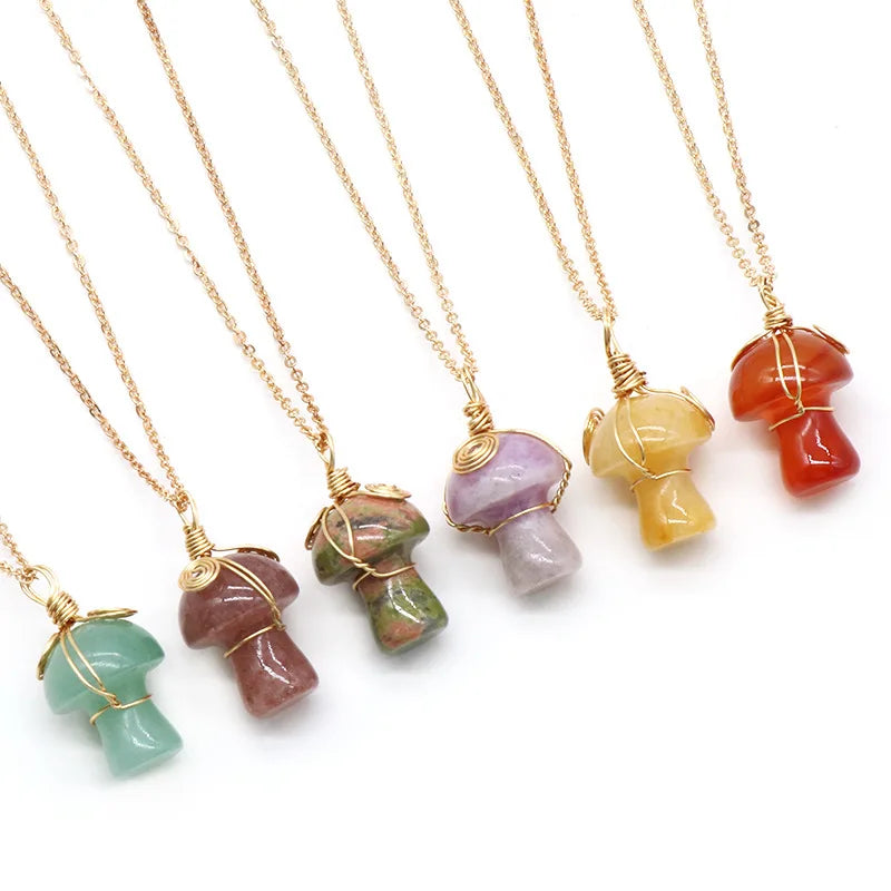 New Natural Stone Crystal Mushroom Pendant Necklace Wire Wrapped Healing Stone Mushroom Necklace Pendant