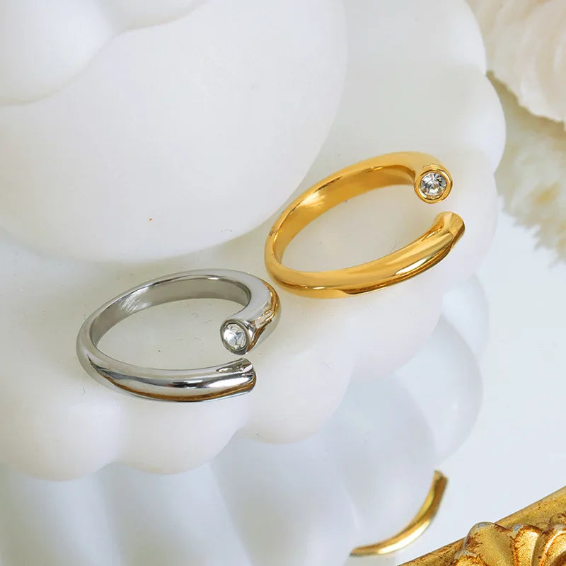 Ins Stainless Steel 18k Gold Double Zirconia Open Adjustable Ring for Women
