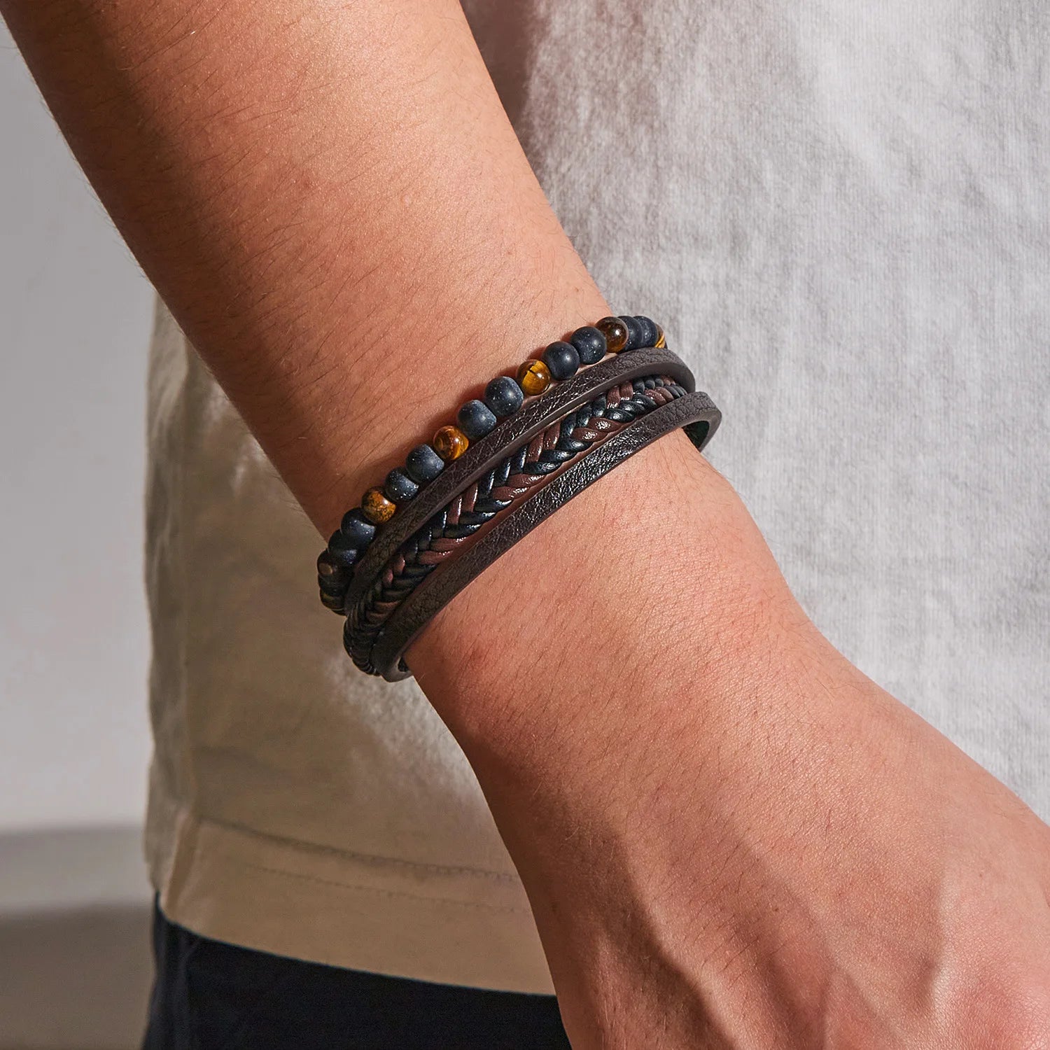 Men's Natural Obsidian Tiger Eye Lava Rock Gemstone Bead Bracelet Cross-Shape Braid Cuff Leather Gift