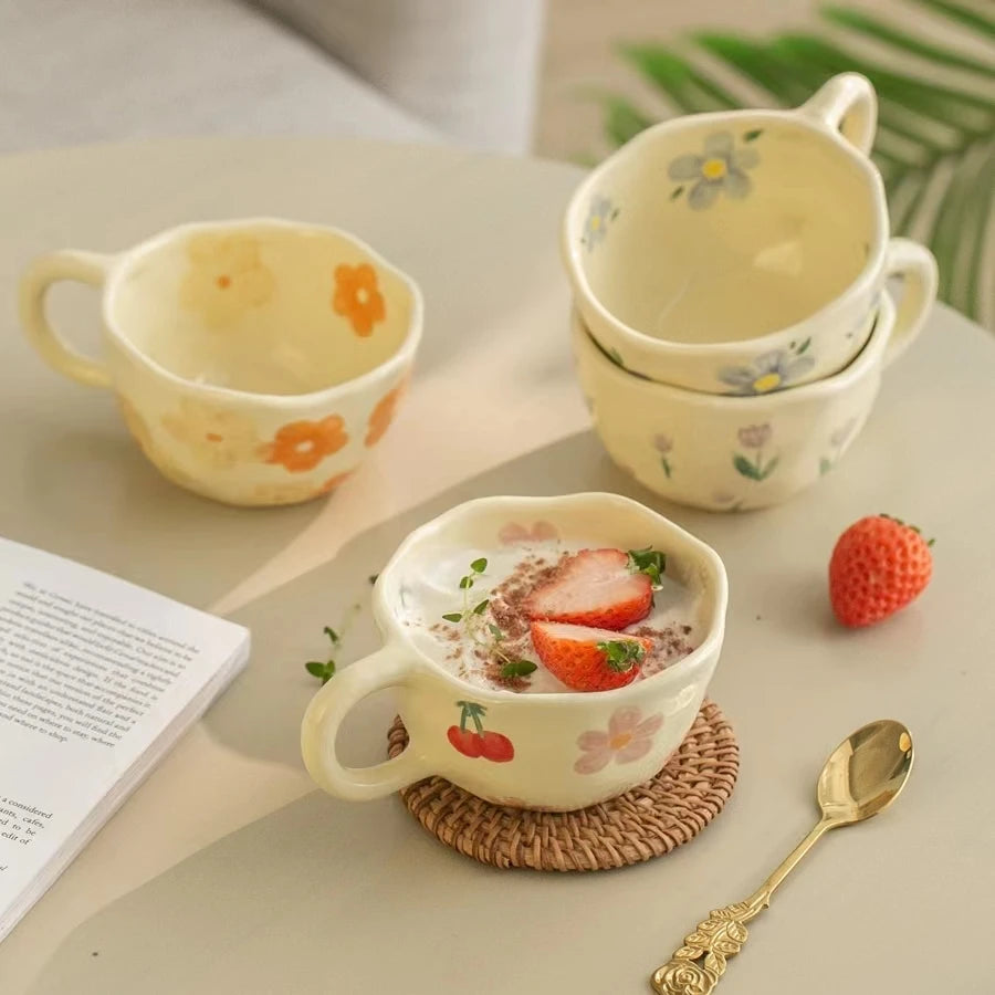Hot Sale Irregular Hand Painted Flower Ceramic Coffee Mug 250ml Eco-Friendly Handmade in CN (Pink/Blue/Purple/Yellow)