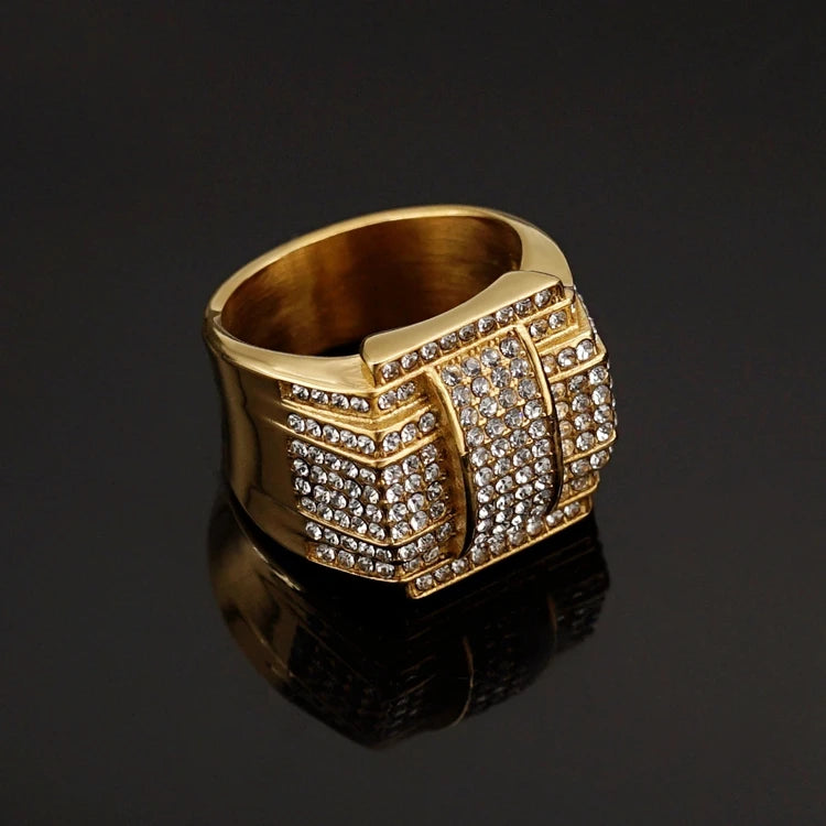 Luxury Full Diamond Stainless Steel Hip Hop 18k Waterproof Rings Fashion Fine Rhinestone Rings for Men Jewelry