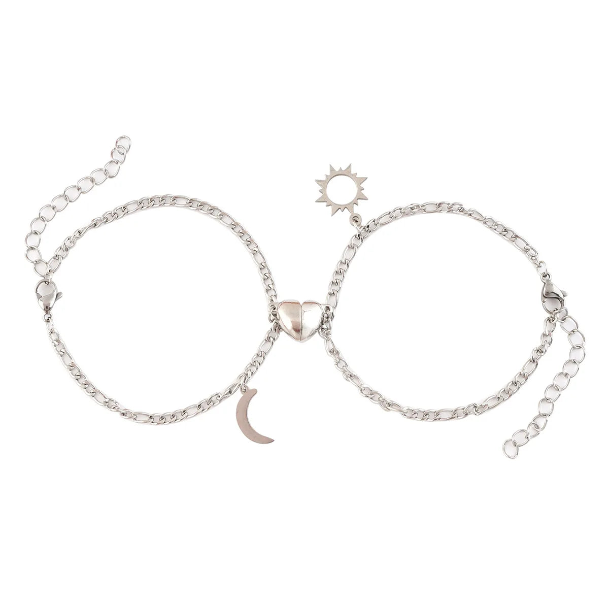 Tarnish Free Stainless Steel Silver Sun Moon Magnetic Heart Friendship Couple Bracelets Set for Lover Best Friends Jewelry