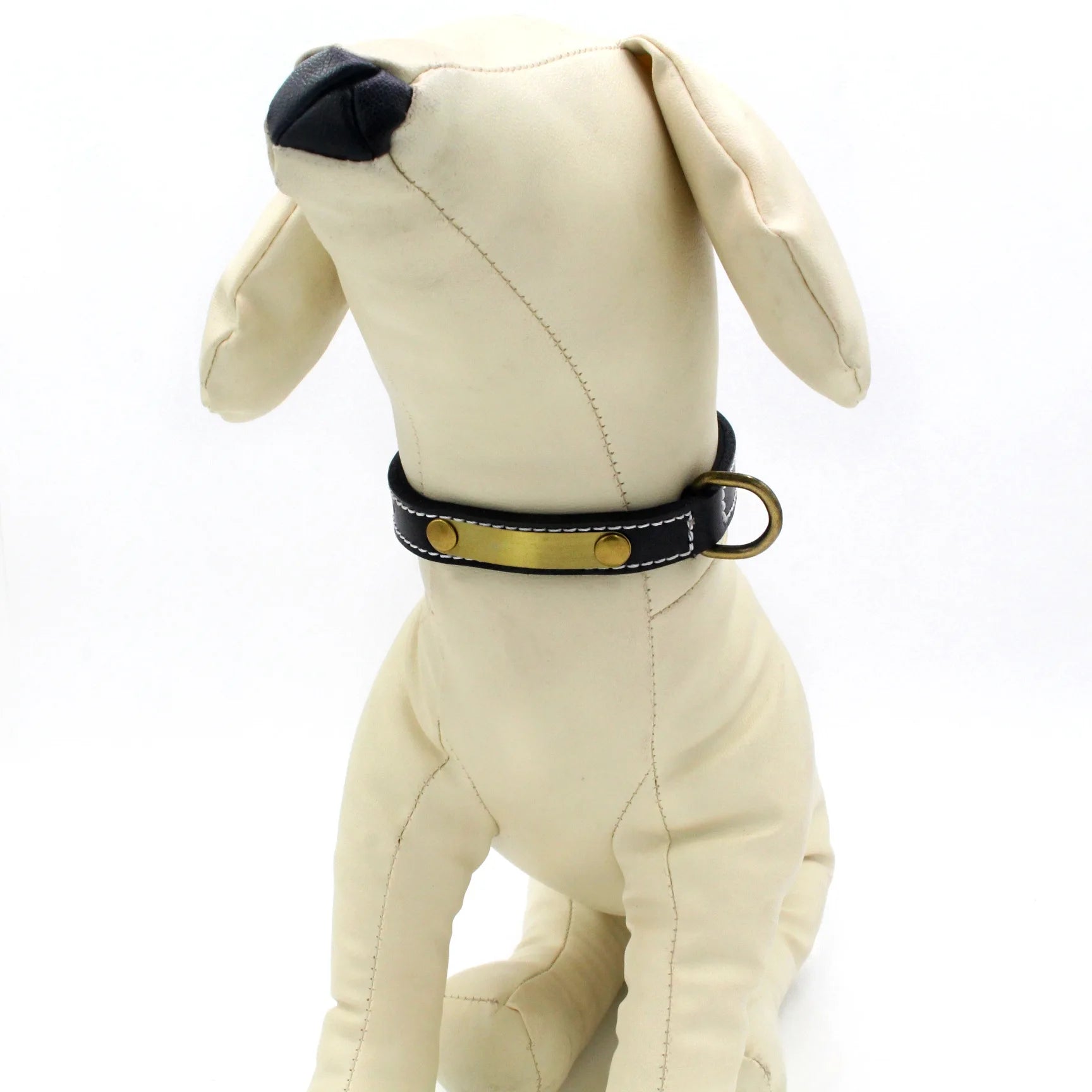 Solid Pattern Cow Leather Pet Collar with Rivet Decoration Neoprene Padded Accessory Classic Style Stainless Steel Dog Tags
