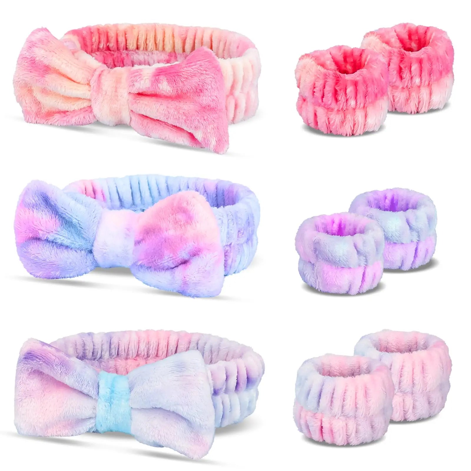 Soft Coral Fleece Velvet Fabric Gradient Colors Women's Face Washing Spa Workout Headband Wristband Set Comfortable Bowknot