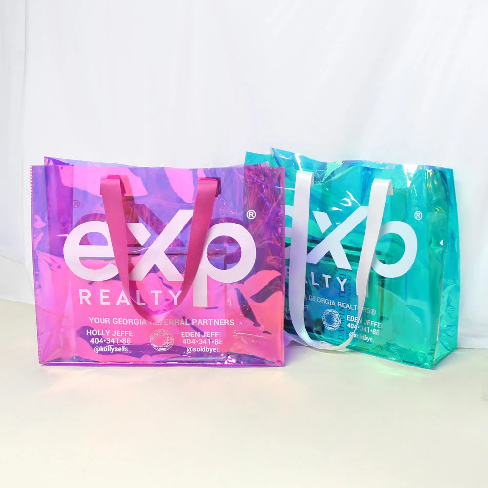 Customized Transparent for Pink PVC Tote Shopping Bag Thick Cotton Handle Fashion Waterproof Hologram Clear Beach Tote Bag