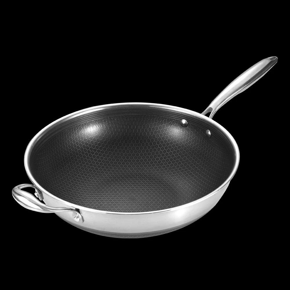 30 cm Hybrid Pan Wok with Lid Set Honeycomb Stainless Steel Non-stick Wok Frying Pan Cookware With Glass Lid