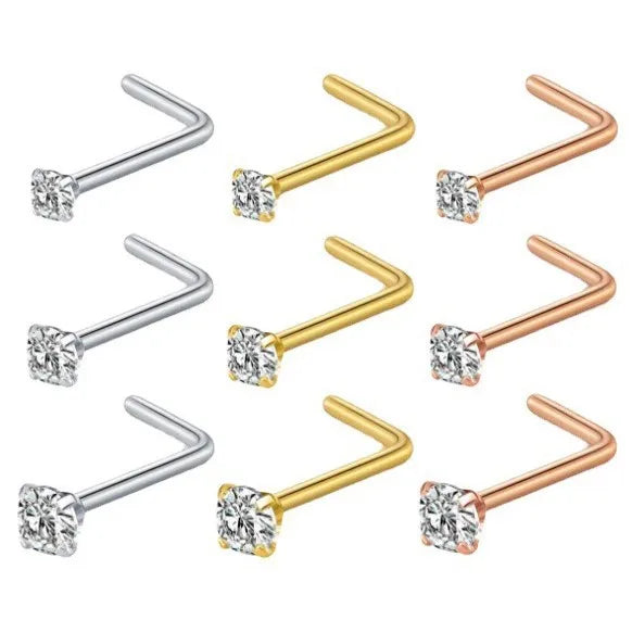 Stainless Steel Nostril Piercing Jewelry Crystal Nose Stud Hooks L Shape Crystal CZ Nose Ring