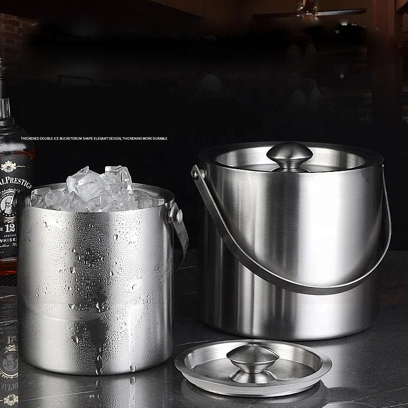 3 Litre Ice Bucket with Lid Stainless Steel Insulated Ice Bucket with Wicker Outer Basket Handle