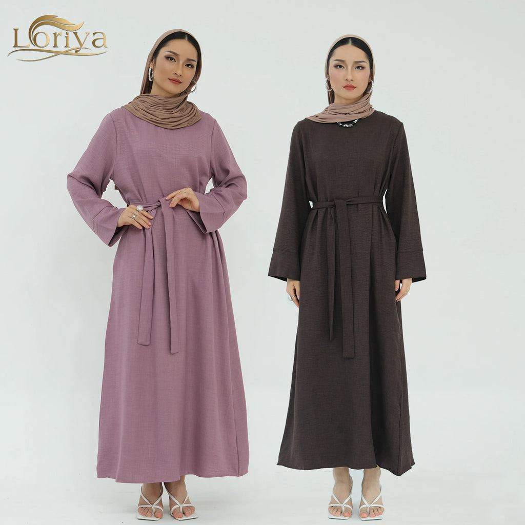 2026 Loriya Islamic Clothing Abaya Simple Woman Clothing Modest Womens Dresses Daily Wear With Belt Abaya Women Muslim Dress