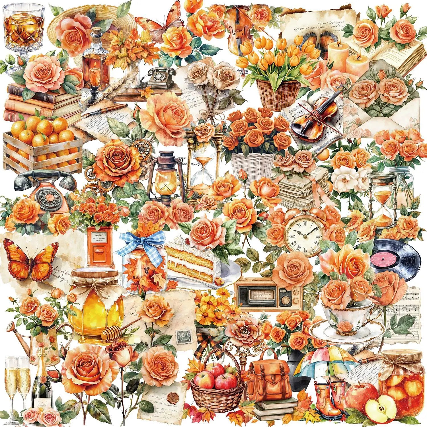 50Pcs Beautiful Transparent Orange Flowers Decorative Stickers for Phone Bottle Decor Floral Life Rose Bud Sticker