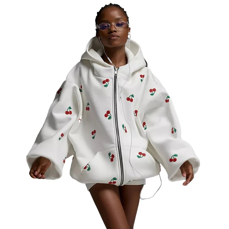 Women's Cotton Warm Hooded Sweatshirt Autumn and Winter Women's Fashionable Sweet Cherry Print Zipper Loose Casual Sports Hoodie