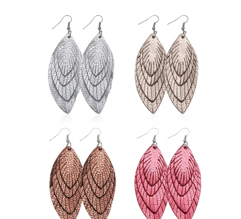 HOVANCI DIY Customized Logo  Hyperbole Triple Layers Feather Tassel PU Leather Drop Dangle Earrings for Women