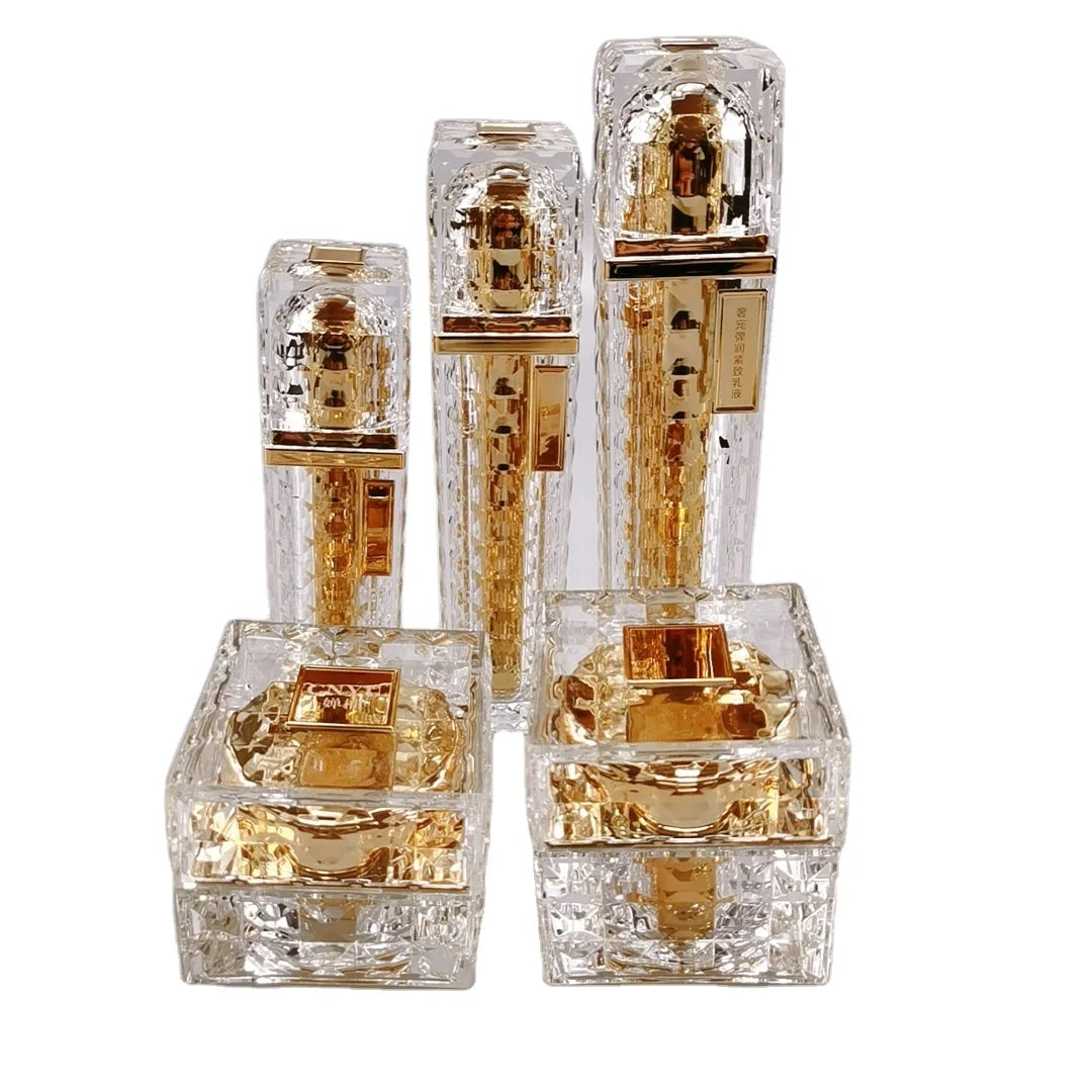 Golden Cosmetic Packaging Skin Care Acrylic Set 40ml/60ml/100ml Lotion Bottle and 30g/50g Cream Jar