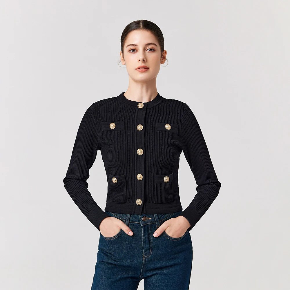 High Quality Autumn and Winter Knitted Cardigan Four Pocket Slim Knitwear Gold Button O-neck Black Sweater Cardigan for Women