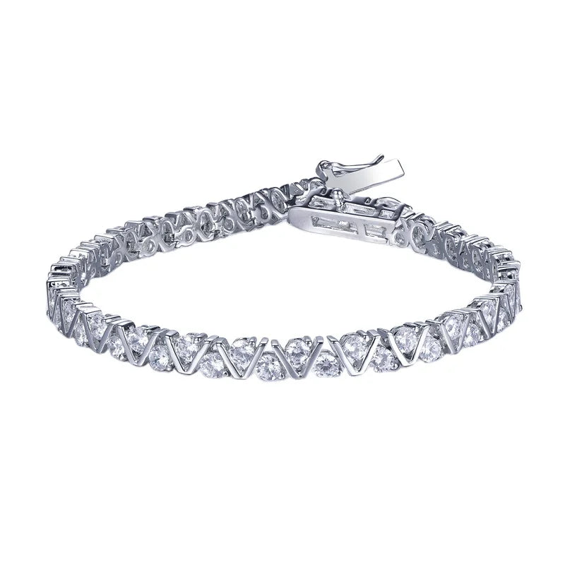 Kirin Jewelry V Shape S925 Sterling Silver Platinum Plated Tennis Bracelet Set Cubic Zirconia White Stone for Women Gift Party