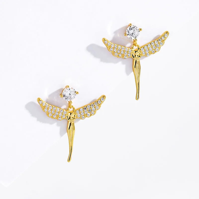 Fashion 925 Sterling Silver Earring Guardian Angel wings Zircon Cross Shape Gold Plated Stud Earrings Women