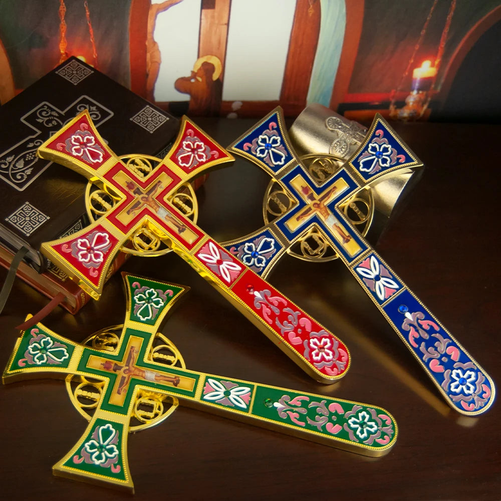 HT Orthodox Crucifix Cross Blue Red Metal Standing Crucifix with Blessings and Gifts for Home Church Cross Decor